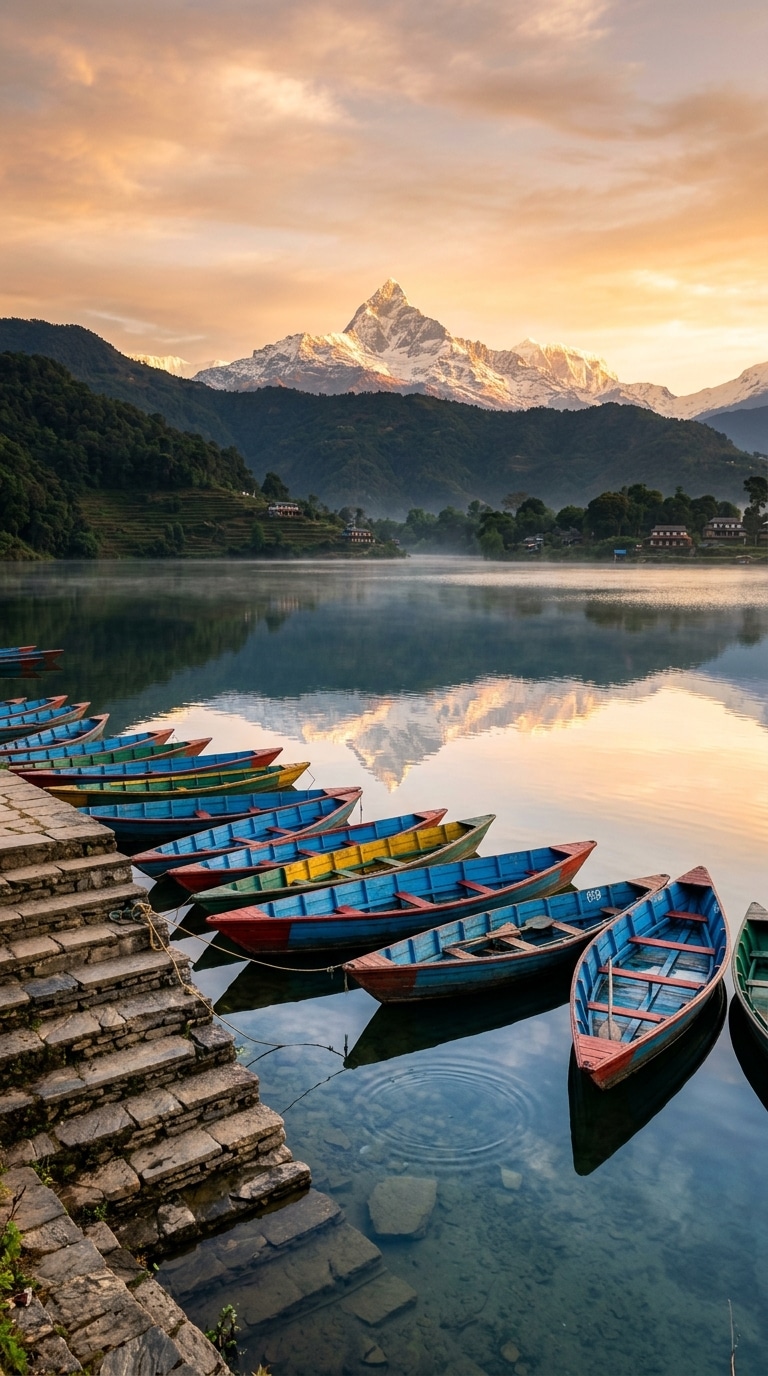 Sunrise over Phewa Lake in Pokhara with colorful boats and Fishtail mountain reflection