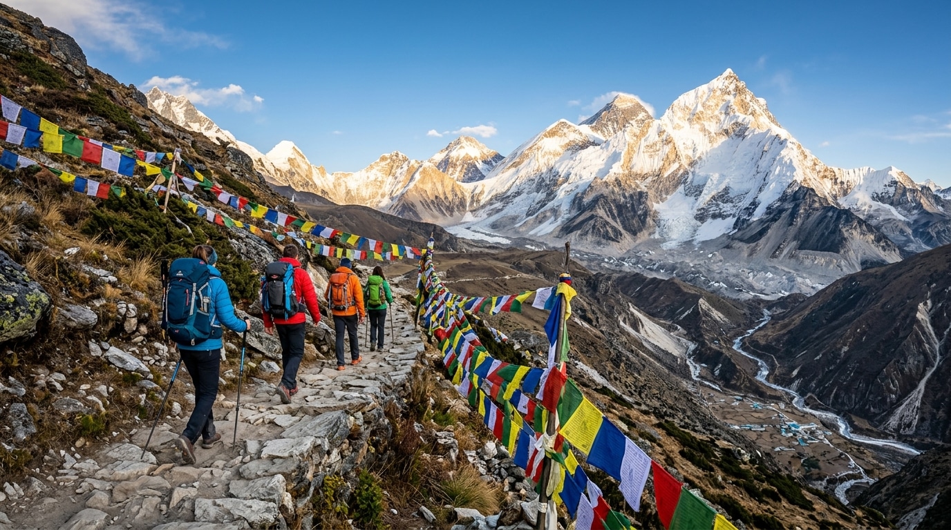 Trekkers hiking on a mountain trail under snow-capped peaks in Nepal