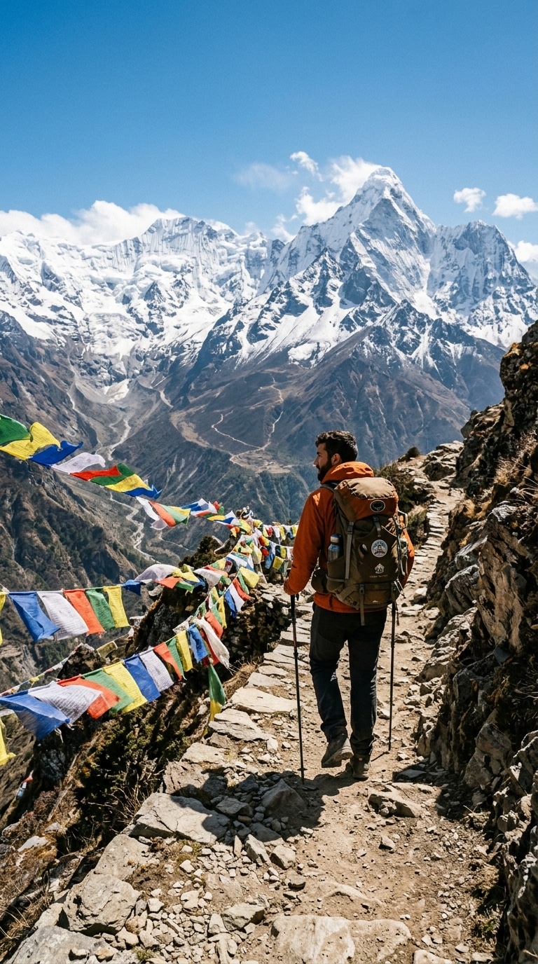 Trekkers hiking on a mountain trail under snow-capped peaks in Nepal