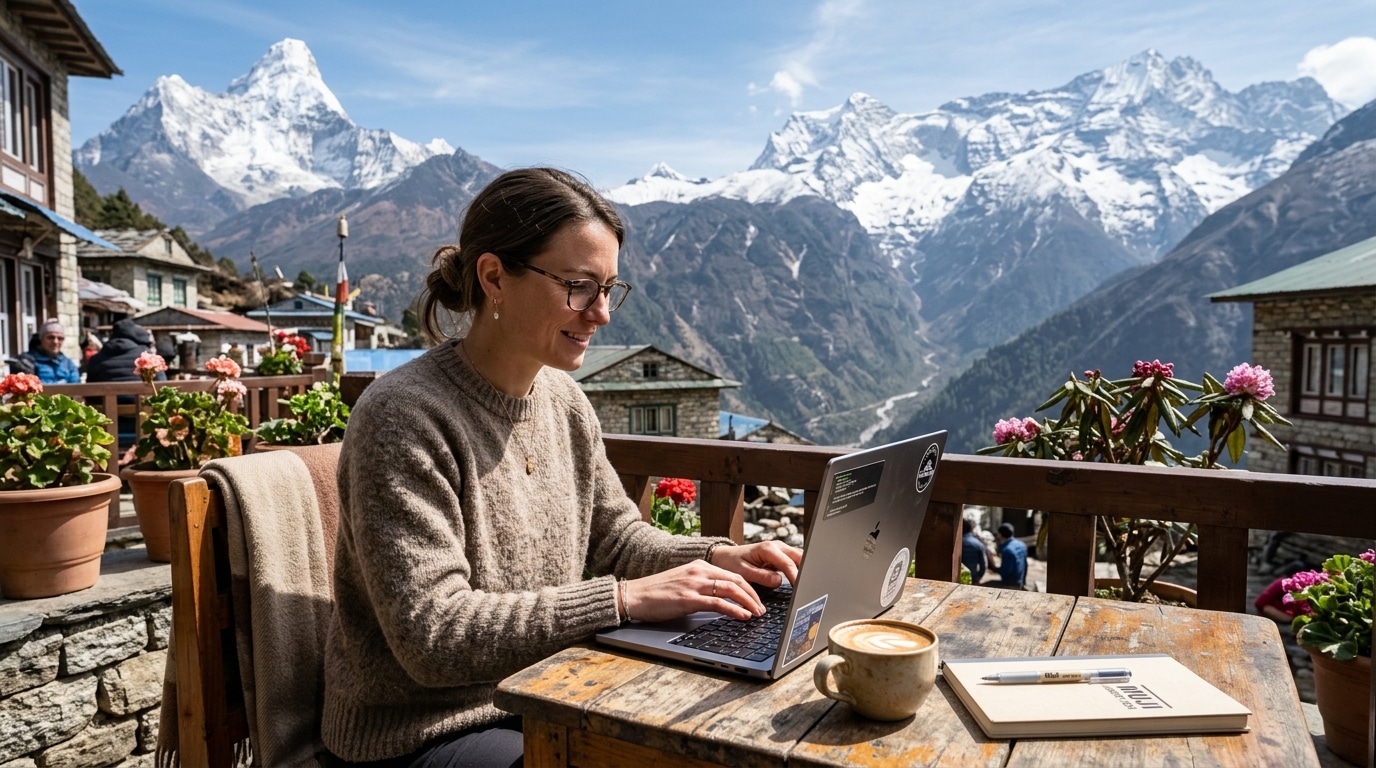 Digital nomad working remotely at a scenic cafe balcony overlooking the Himalayas in Nepal