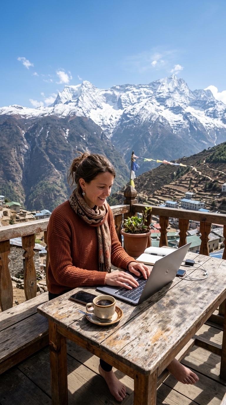 Digital nomad working remotely at a scenic cafe balcony overlooking the Himalayas in Nepal